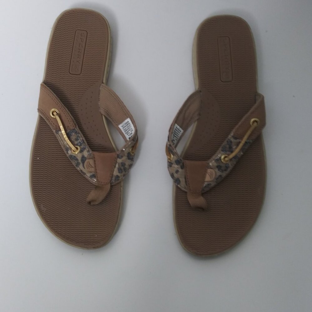 Sperry Topsider Thong Sandal Leopard Print Clear Sequin Leather Size 9.5 NWOT